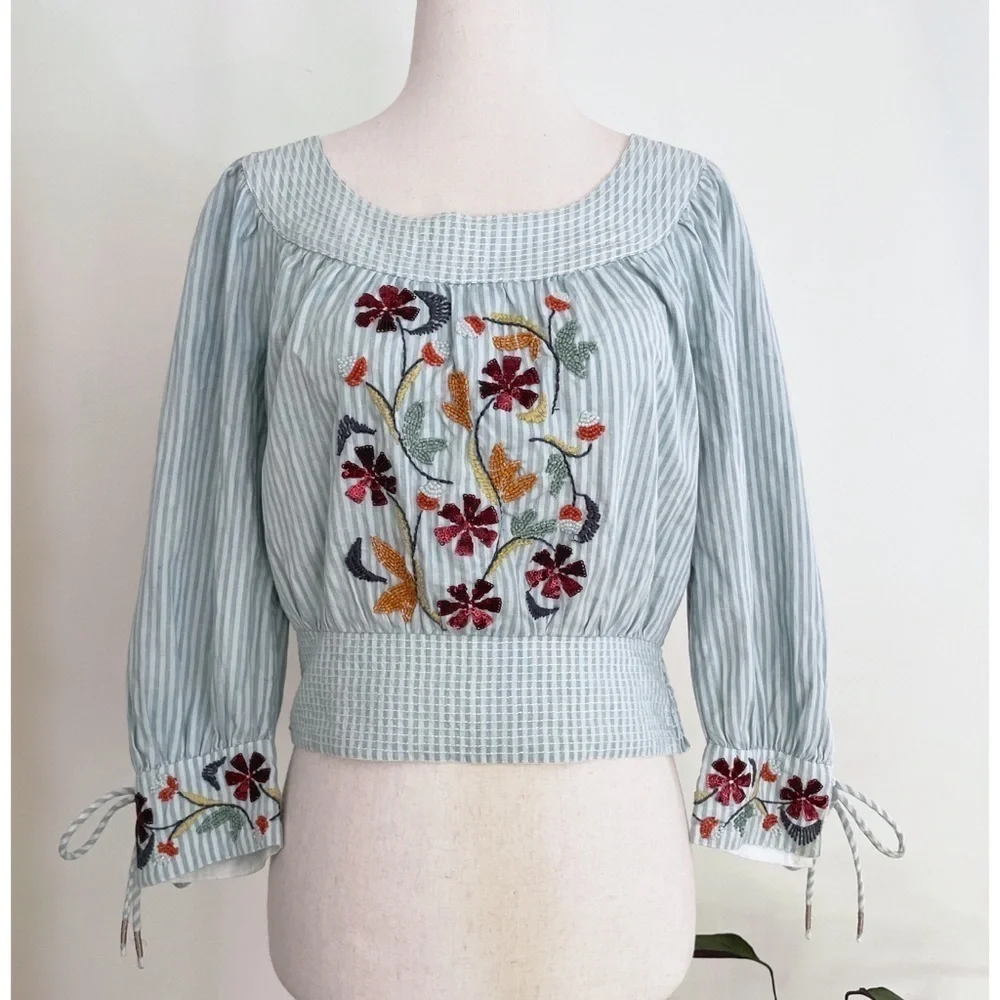NWT by Anthropologie Pinstriped Beaded Embroidered Floral Puff-Sleeved Blouse XS